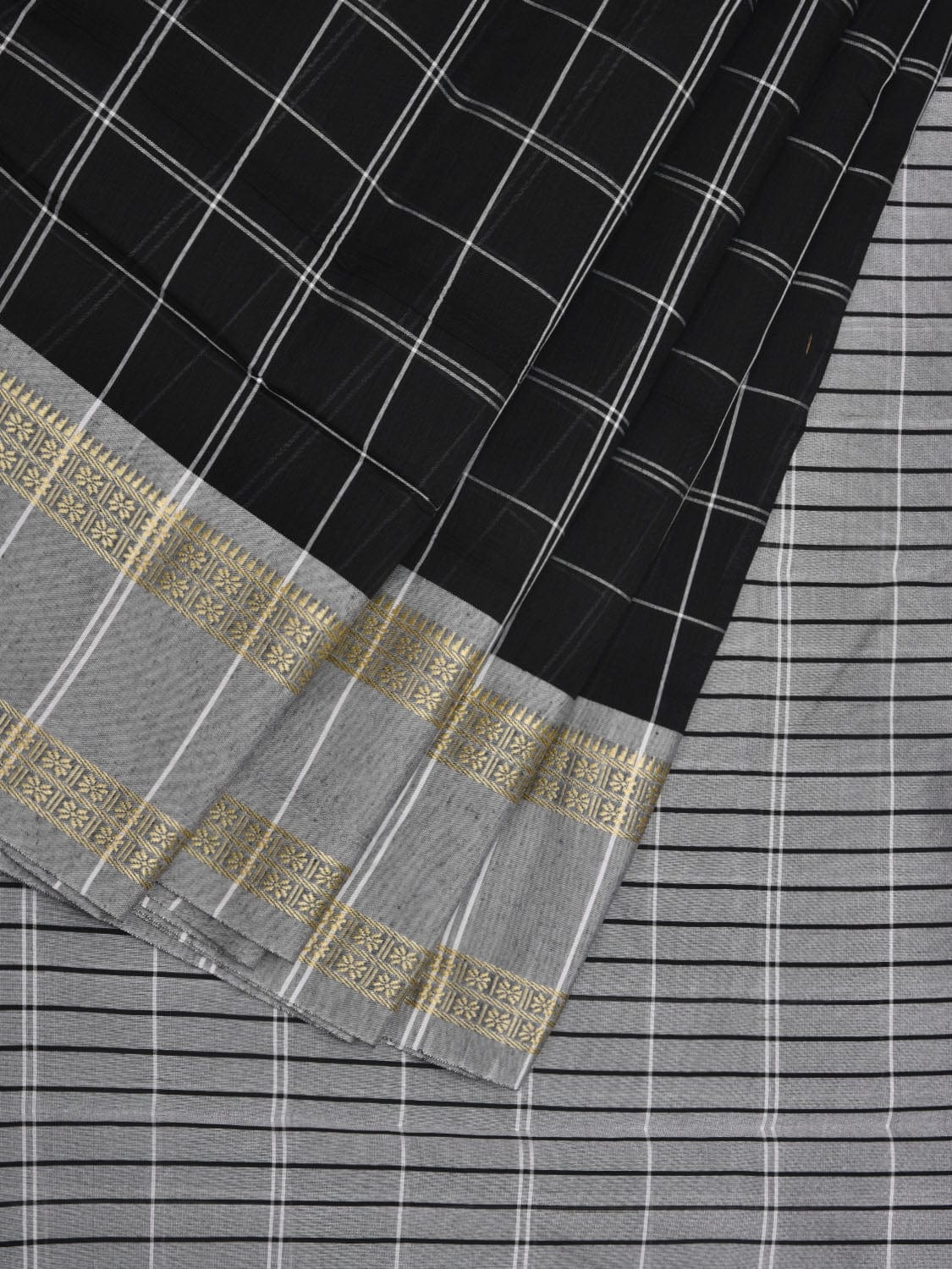 Black and Grey Bamboo Cotton Saree with Checks Design bc0036