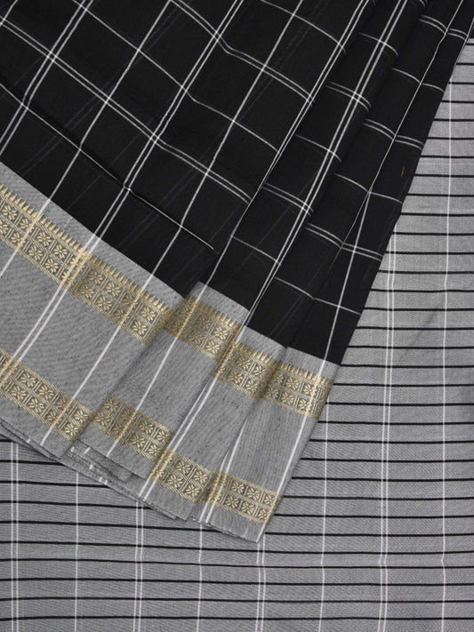 Black and Grey Bamboo Cotton Saree with Checks Design bc0036