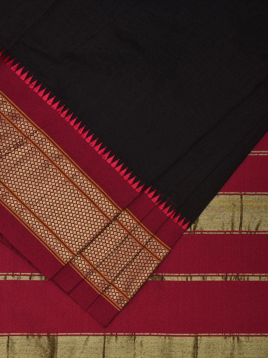 Black and Maroon Bamboo Cotton Plain Saree with Contrast Pallu & Zari Border Design No Blouse bc0311