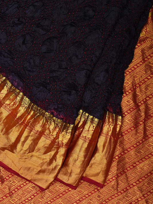 Black and Maroon Bandhani Kanchipuram Silk Handloom Saree with Buta Design bn0253