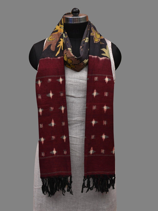 Black and Maroon Kalamkari Hand Painted Ikat Cotton Handloom Dupatta with Floral Design ds2625