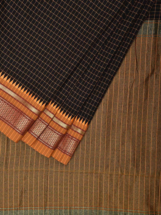 Black and Mustard Bamboo Cotton Viscose Silk Saree with Checks and Contrast Pallu Design No Blouse bc0574