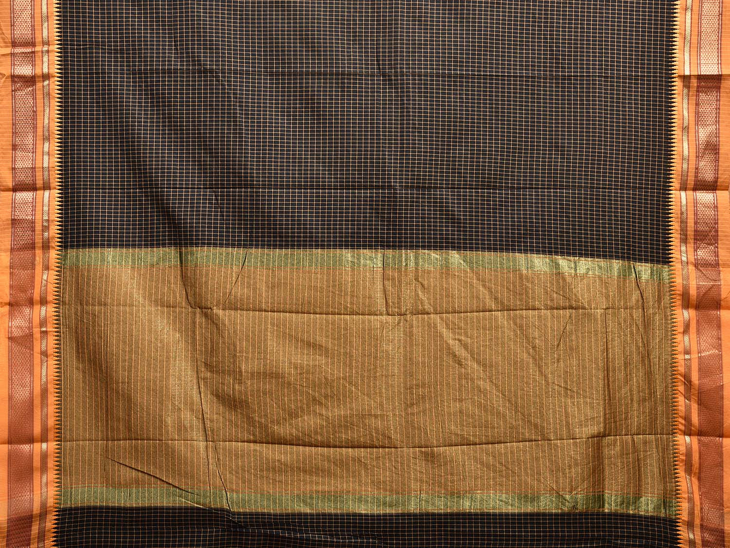 Black and Mustard Bamboo Cotton Viscose Silk Saree with Checks and Contrast Pallu Design No Blouse bc0574