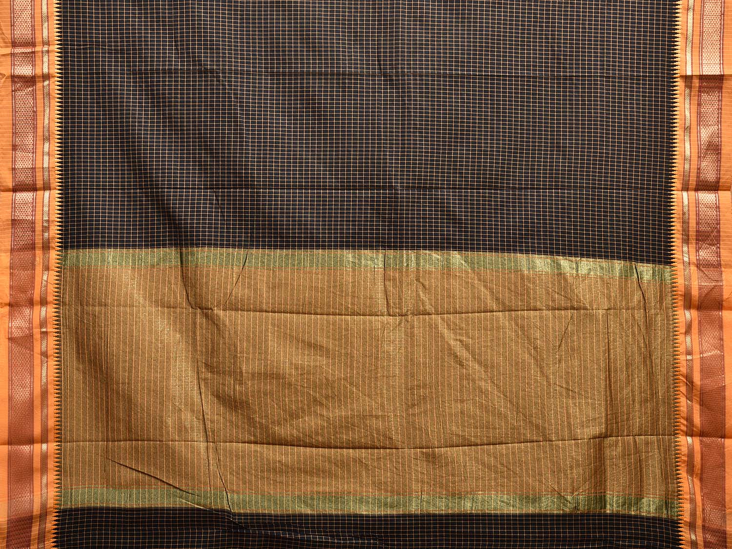 Black and Mustard Bamboo Cotton Viscose Silk Saree with Checks and Contrast Pallu Design No Blouse bc0574