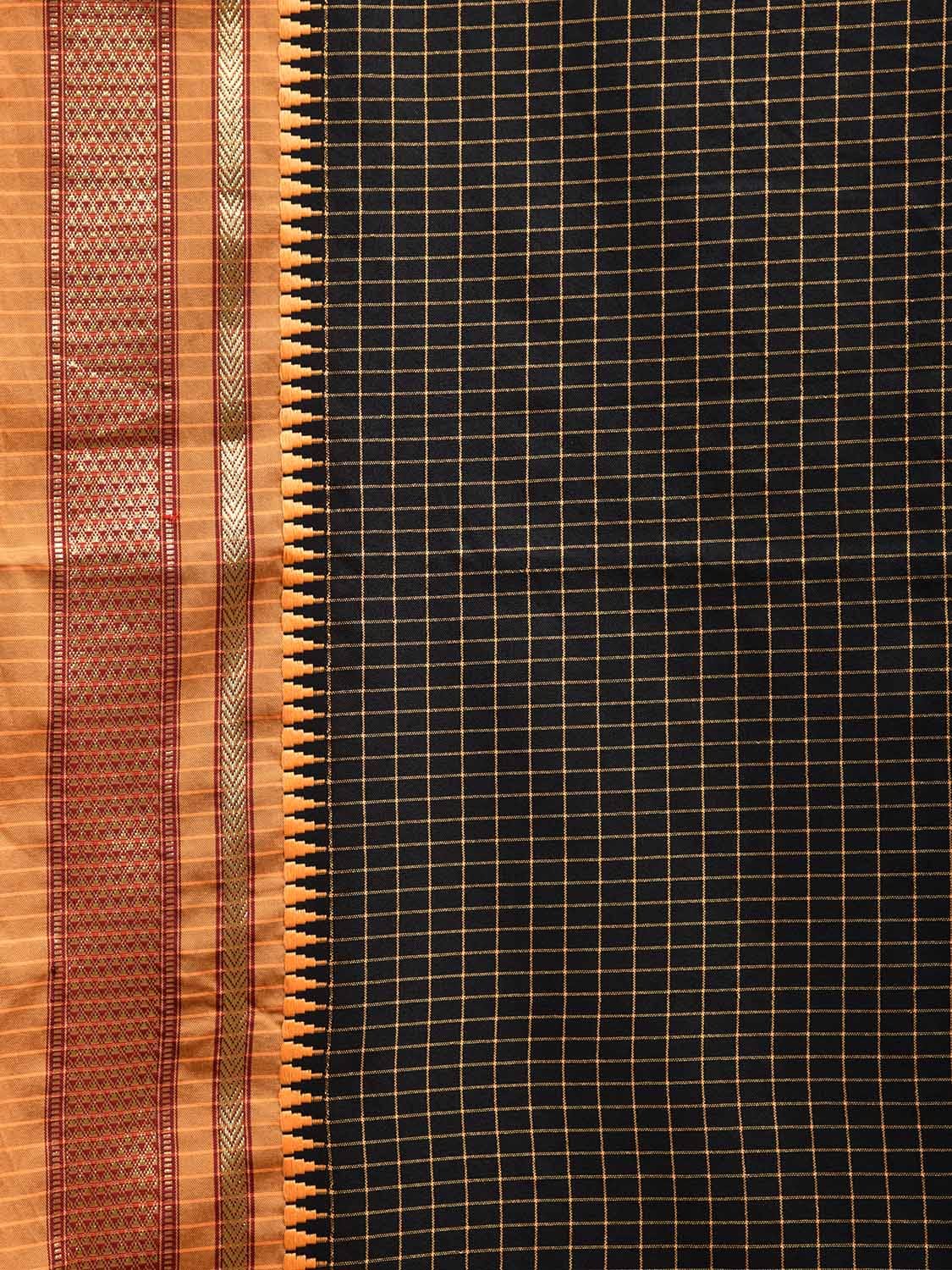 Black and Mustard Bamboo Cotton Viscose Silk Saree with Checks and Contrast Pallu Design No Blouse bc0574