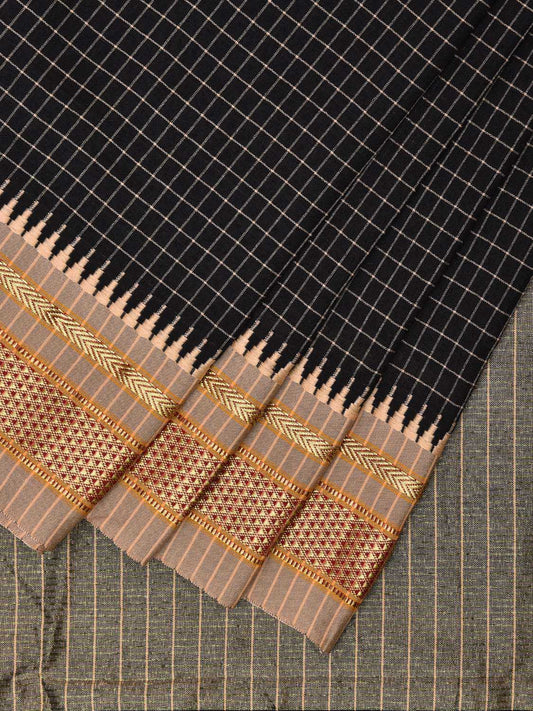 Black and Mustard Bamboo Viscose Silk Saree with Checks Design No Blouse bc0549