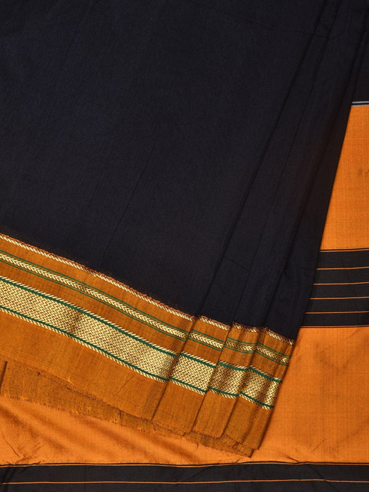 Black and Mustard ilkal Cotton Plain Saree with Zari Border Design o0443