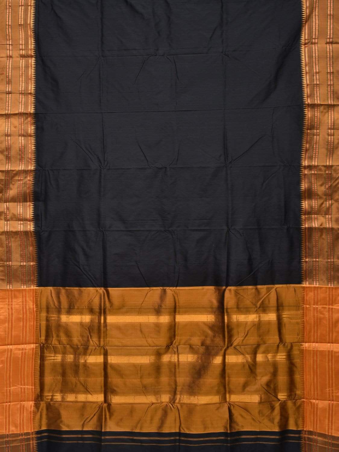 Black and Mustard Narayanpet Silk Handloom Plain Saree with Traditional Border Design No Blouse np0343