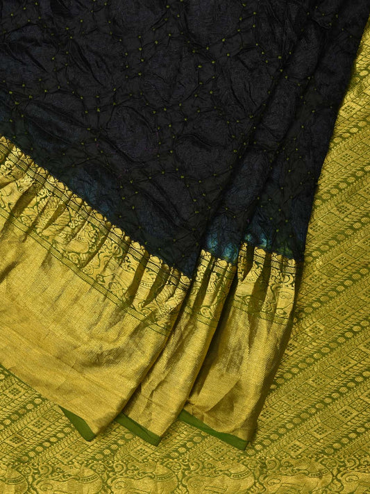 Black and Olive Bandhani Kanchipuram Silk Handloom Saree with Buta Design bn0251