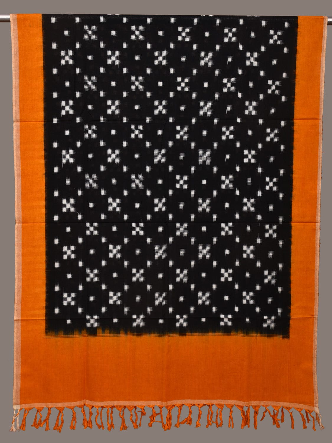 Black and Orange Pochampally Ikat Cotton Handloom Dupatta with Grill Design ds3294