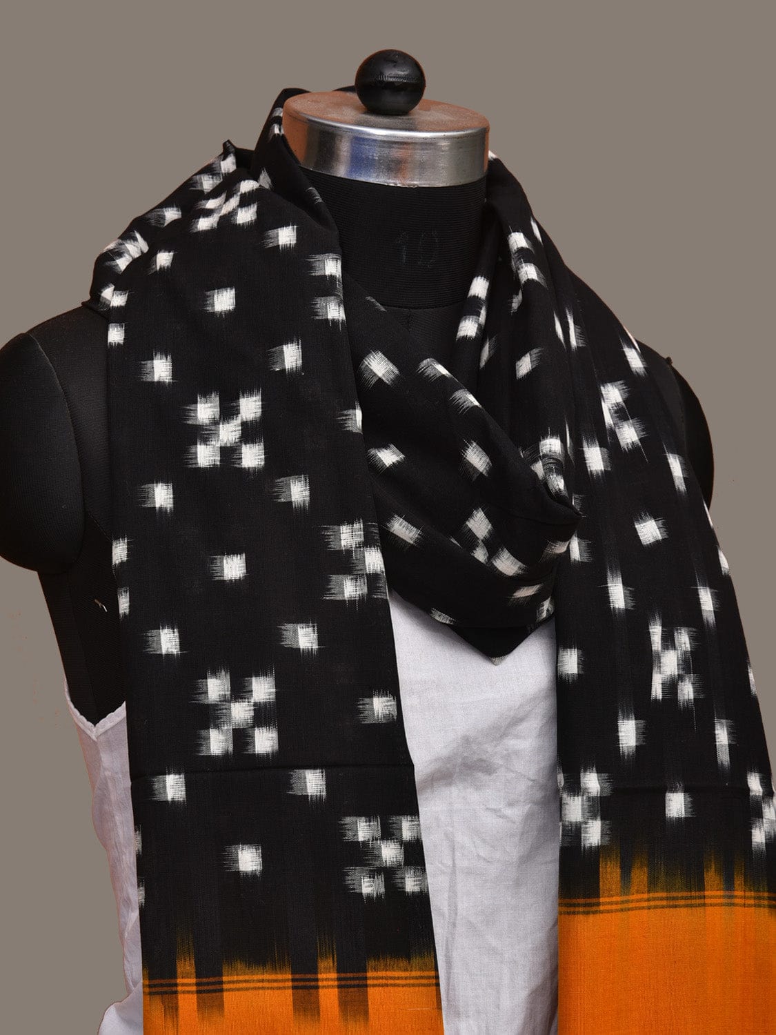 Black and Orange Pochampally Ikat Cotton Handloom Dupatta with Grill Design ds3294