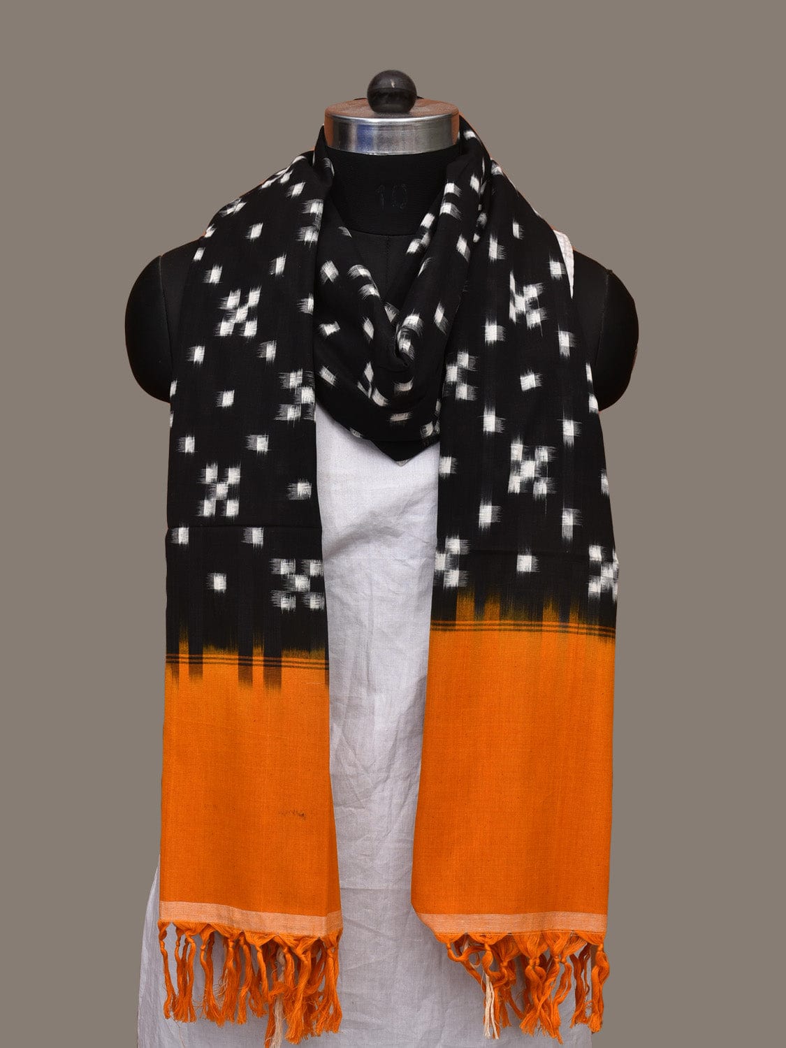 Black and Orange Pochampally Ikat Cotton Handloom Dupatta with Grill Design ds3294