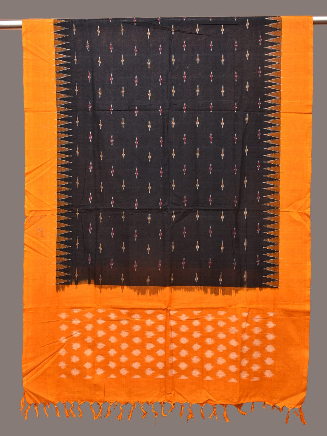 Black and Orange Pochampally Ikat Cotton Handloom Dupatta with Temple Border Design ds3329