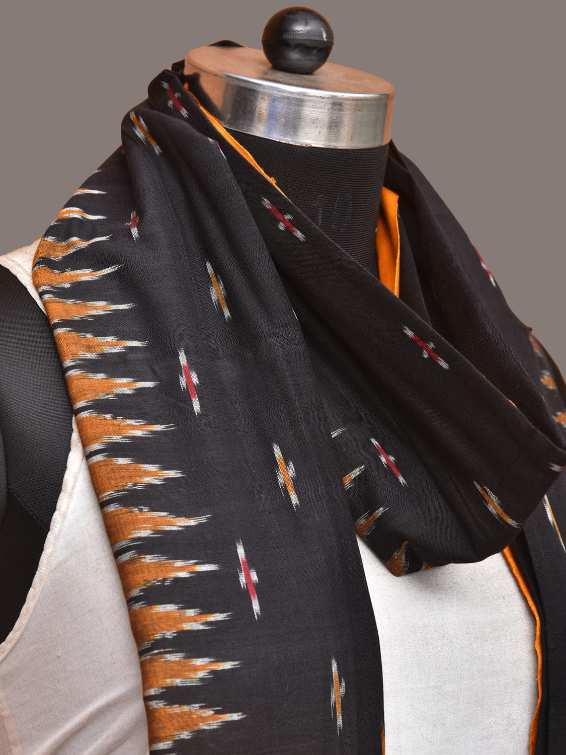 Black and Orange Pochampally Ikat Cotton Handloom Dupatta with Temple Border Design ds3329