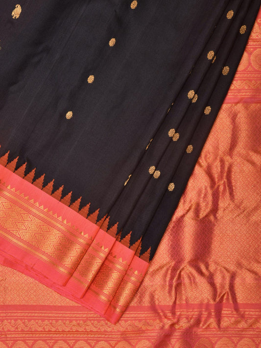Black and Peach Gadwal Silk Handloom Saree with Mango Pallu and Border Design g0338