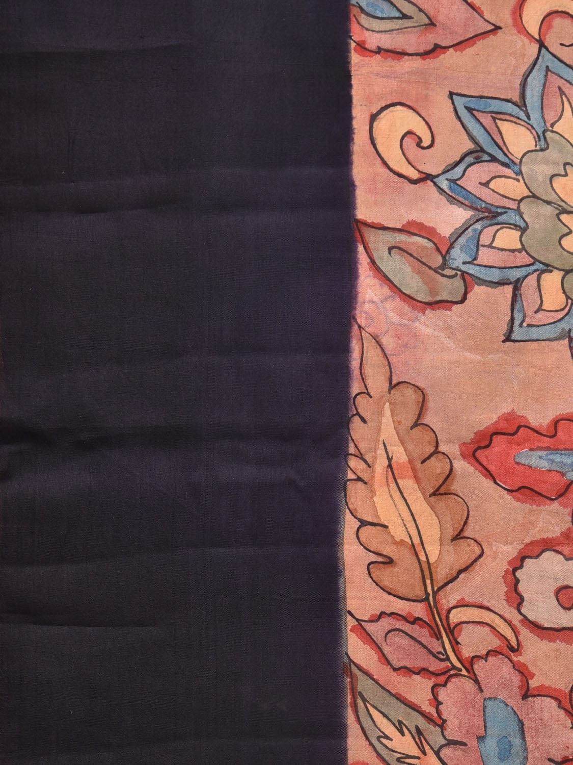 Black and Peach Kalamkari Hand Painted Gadwal Silk Handloom Saree with Floral Design KL0721