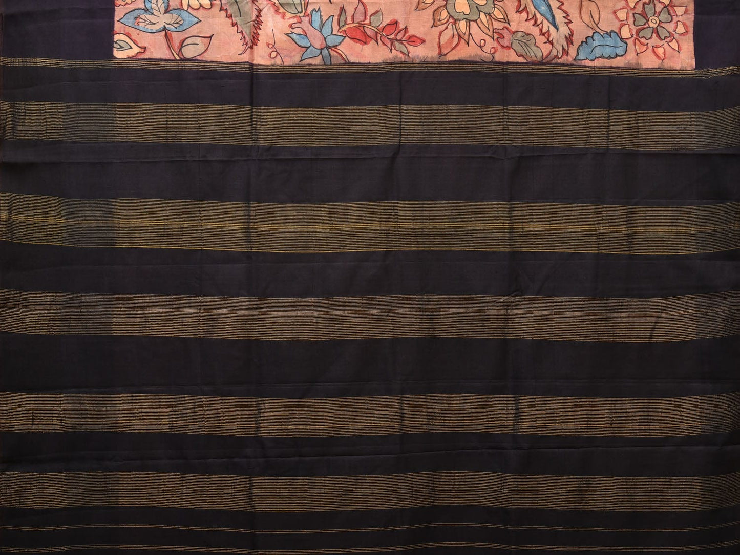 Black and Peach Kalamkari Hand Painted Gadwal Silk Handloom Saree with Floral Design KL0721