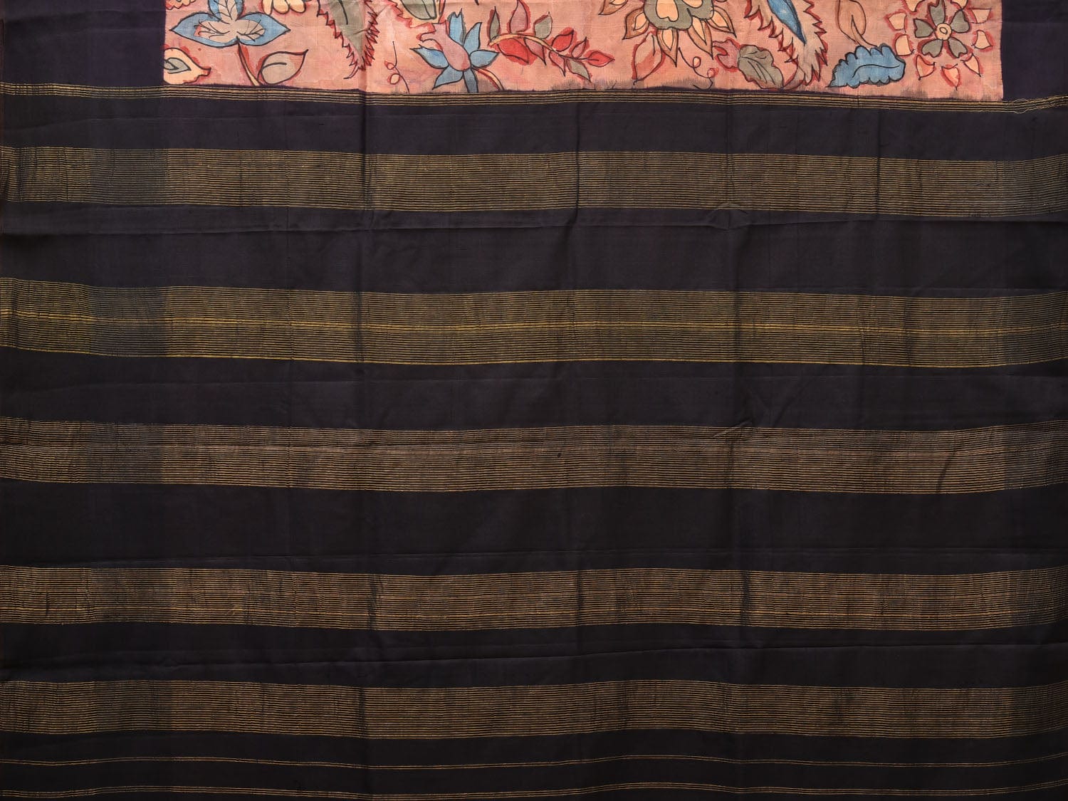 Black and Peach Kalamkari Hand Painted Gadwal Silk Handloom Saree with Floral Design KL0721
