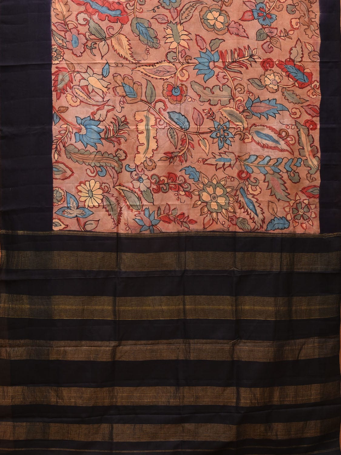 Black and Peach Kalamkari Hand Painted Gadwal Silk Handloom Saree with Floral Design KL0721