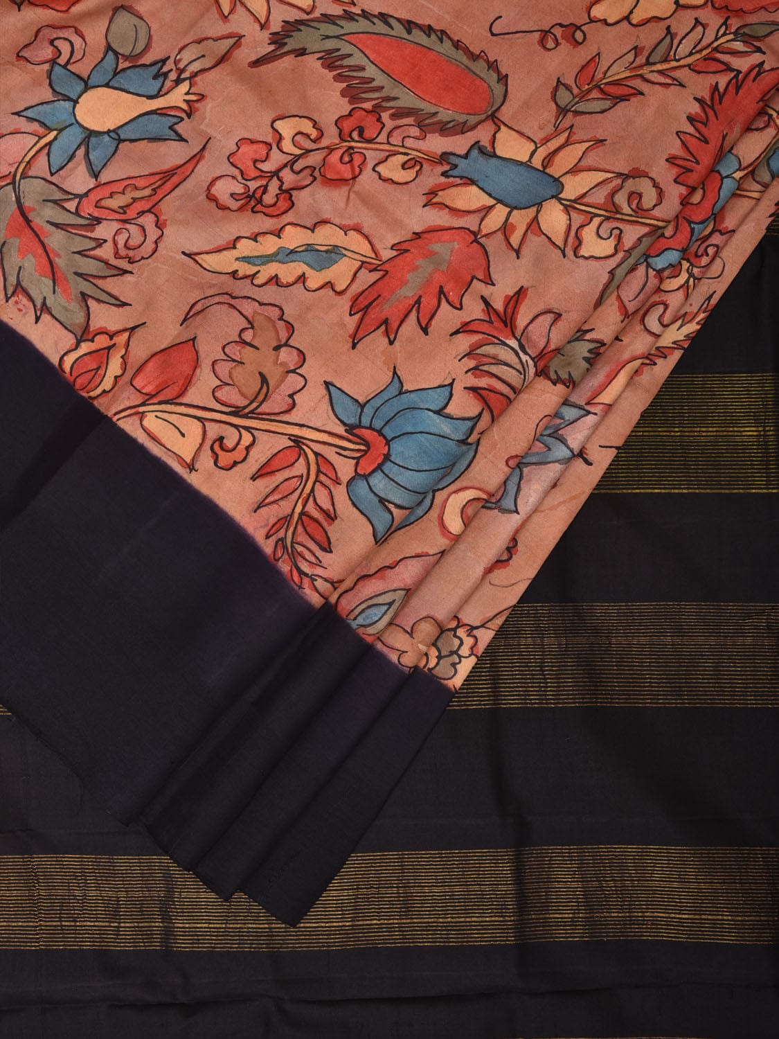 Black and Peach Kalamkari Hand Painted Gadwal Silk Handloom Saree with Floral Design KL0721