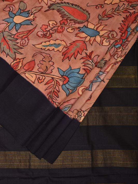Black and Peach Kalamkari Hand Painted Gadwal Silk Handloom Saree with Floral Design KL0721