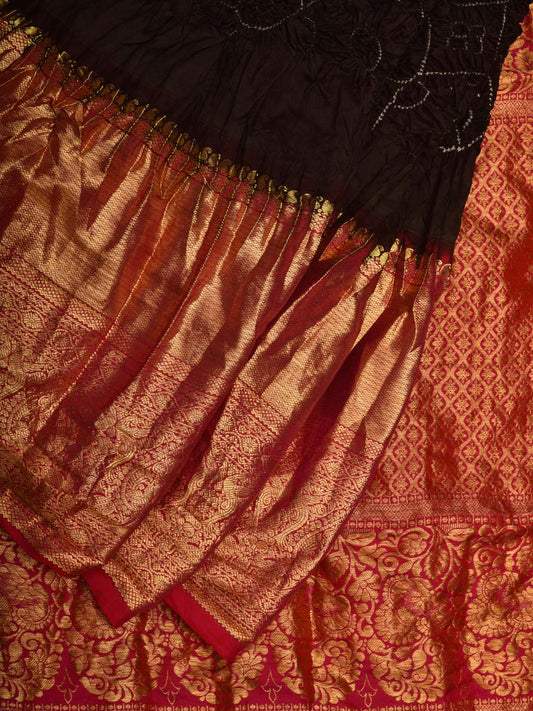 Black and Pink Bandhani Kanchipuram Silk Handloom Saree with Pallu and Border Design bn0450