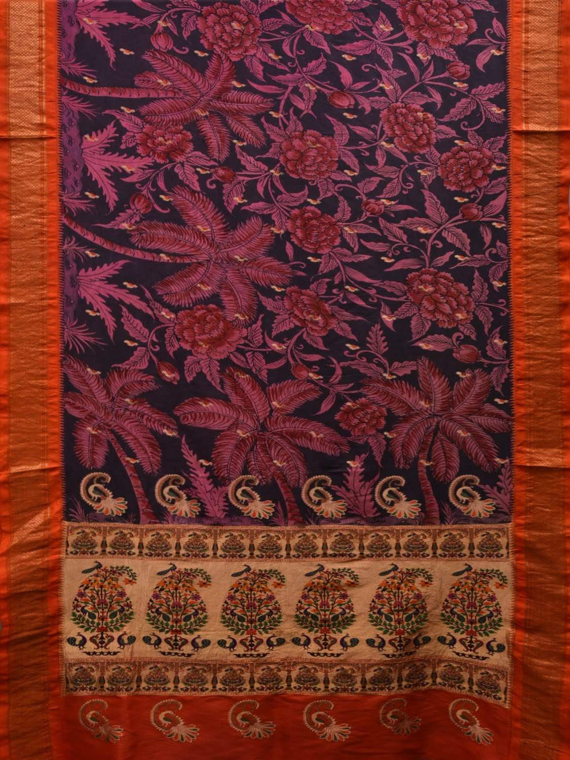 Black and Pink Kalamkari Hand Painted Paithani Silk Handloom Saree with Flowers and Coconut Trees Design KL0540