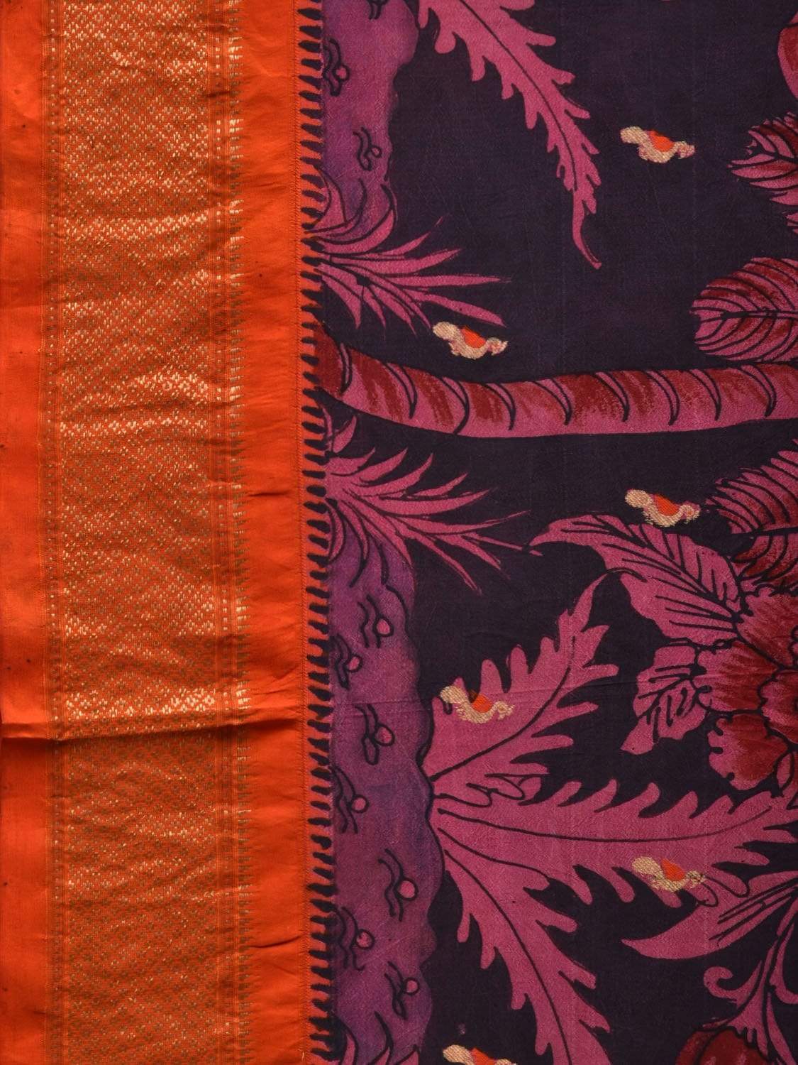 Black and Pink Kalamkari Hand Painted Paithani Silk Handloom Saree with Flowers and Coconut Trees Design KL0540