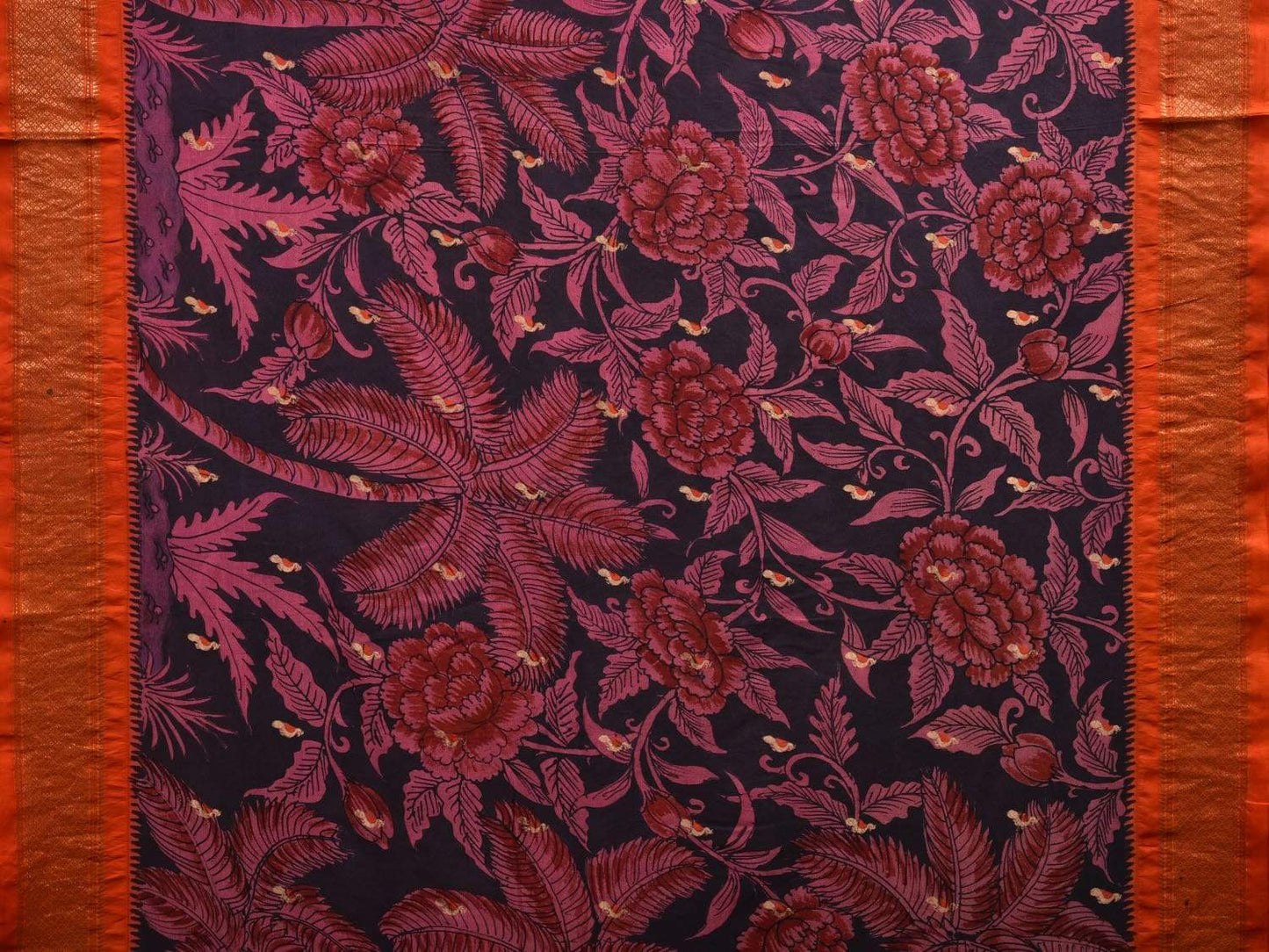 Black and Pink Kalamkari Hand Painted Paithani Silk Handloom Saree with Flowers and Coconut Trees Design KL0540