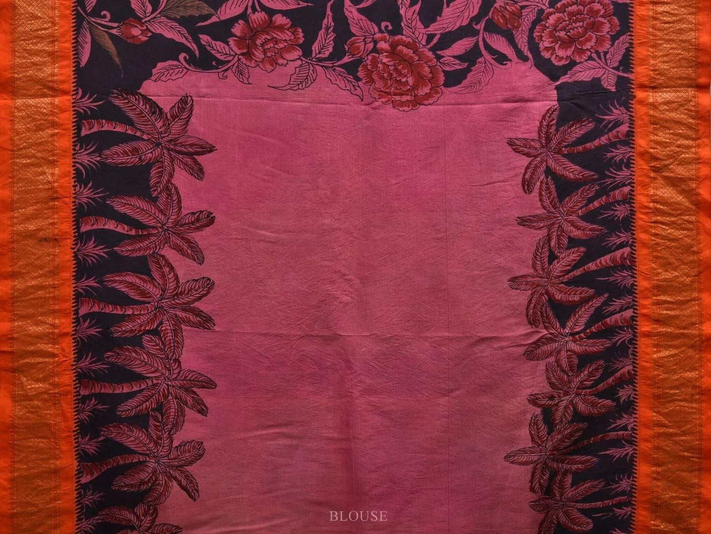Black and Pink Kalamkari Hand Painted Paithani Silk Handloom Saree with Flowers and Coconut Trees Design KL0540