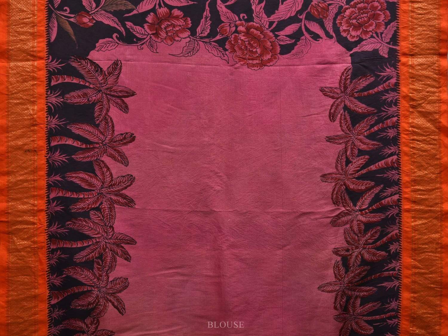 Black and Pink Kalamkari Hand Painted Paithani Silk Handloom Saree with Flowers and Coconut Trees Design KL0540