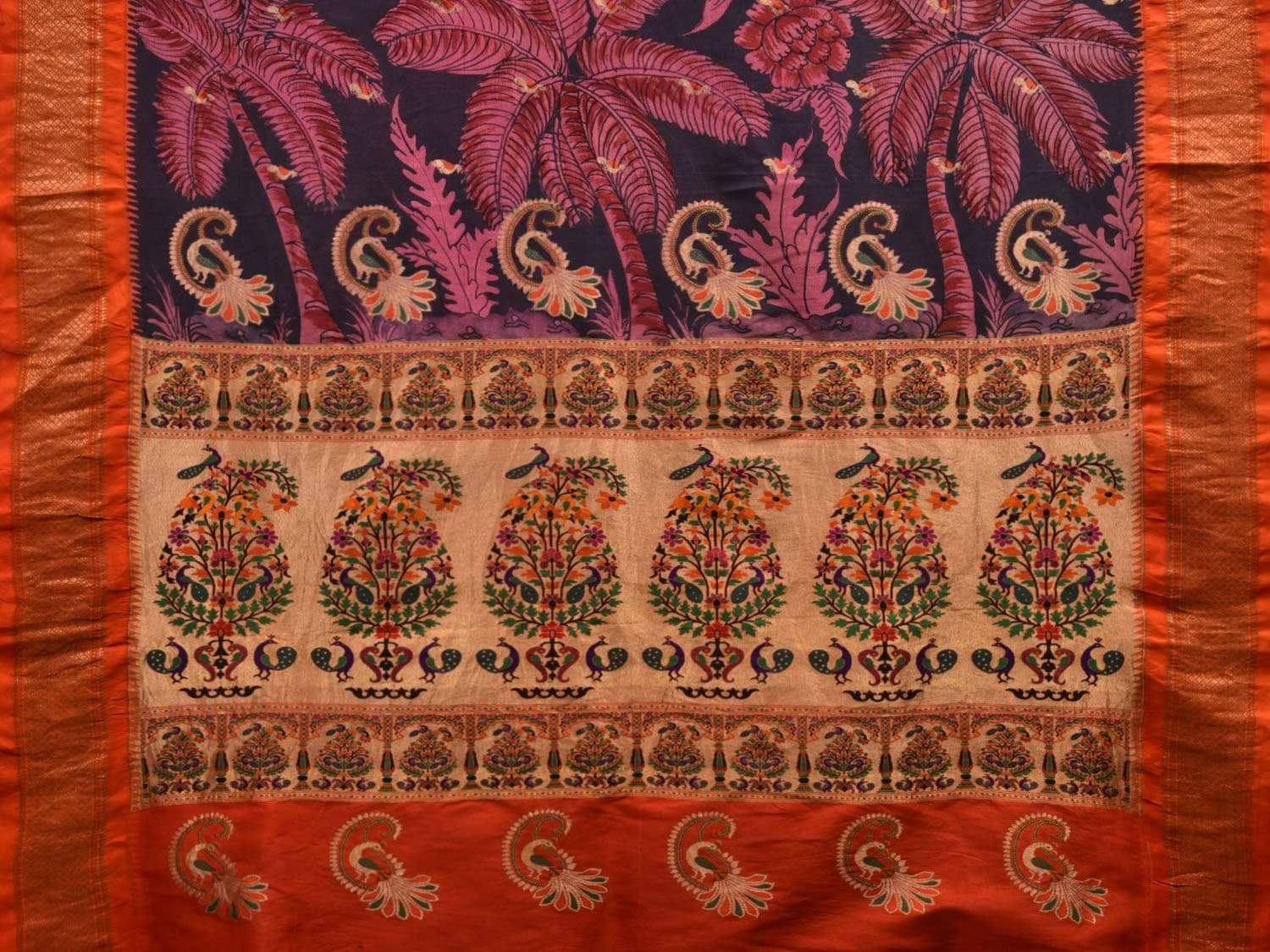Black and Pink Kalamkari Hand Painted Paithani Silk Handloom Saree with Flowers and Coconut Trees Design KL0540