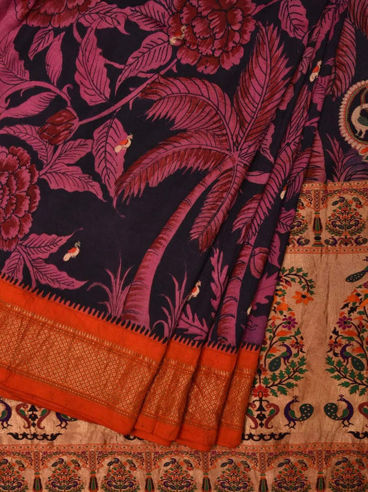 Black and Pink Kalamkari Hand Painted Paithani Silk Handloom Saree with Flowers and Coconut Trees Design KL0540