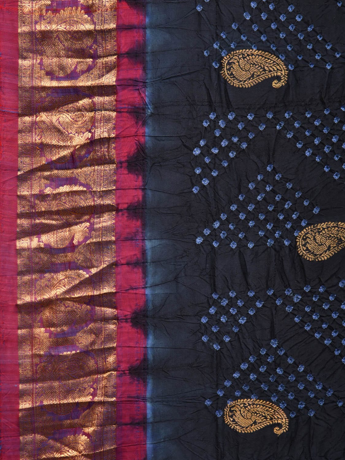 Black and Purple Bandhani Gadwal Silk Handloom Saree with Mango Buta Design bn0362
