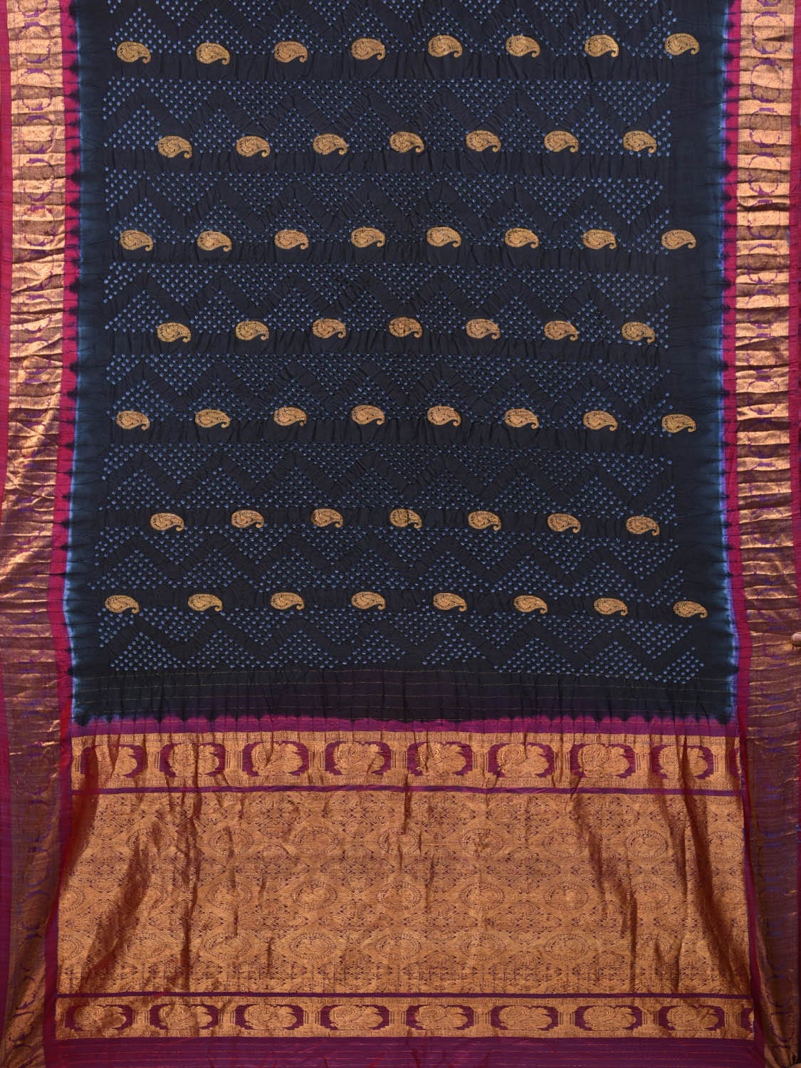 Black and Purple Bandhani Gadwal Silk Handloom Saree with Mango Buta Design bn0362