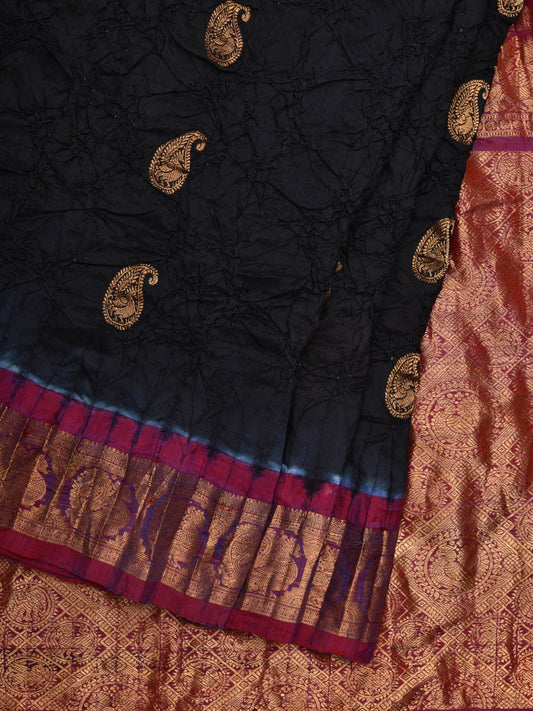Black and Purple Bandhani Gadwal Silk Handloom Saree with Mango Buta Design bn0362