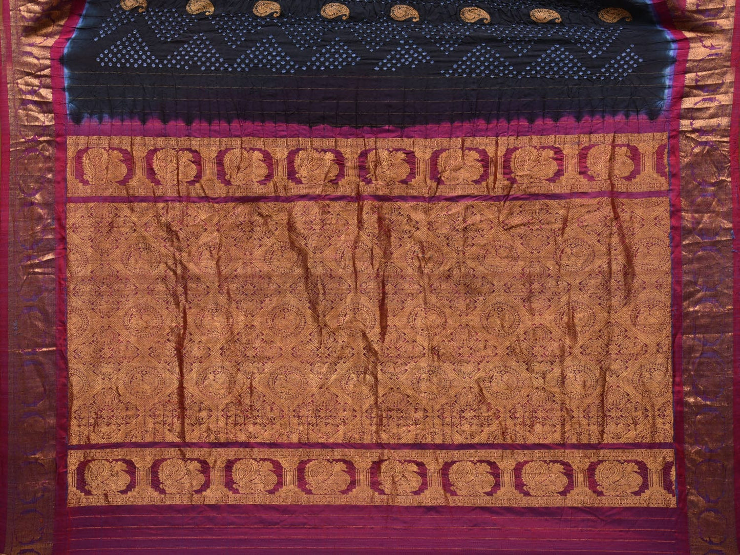 Black and Purple Bandhani Gadwal Silk Handloom Saree with Mango Buta Design bn0362