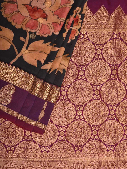 Black and Purple Kalamkari Hand Painted Gadwal Silk Handloom Saree with Big Floral Design KL0421