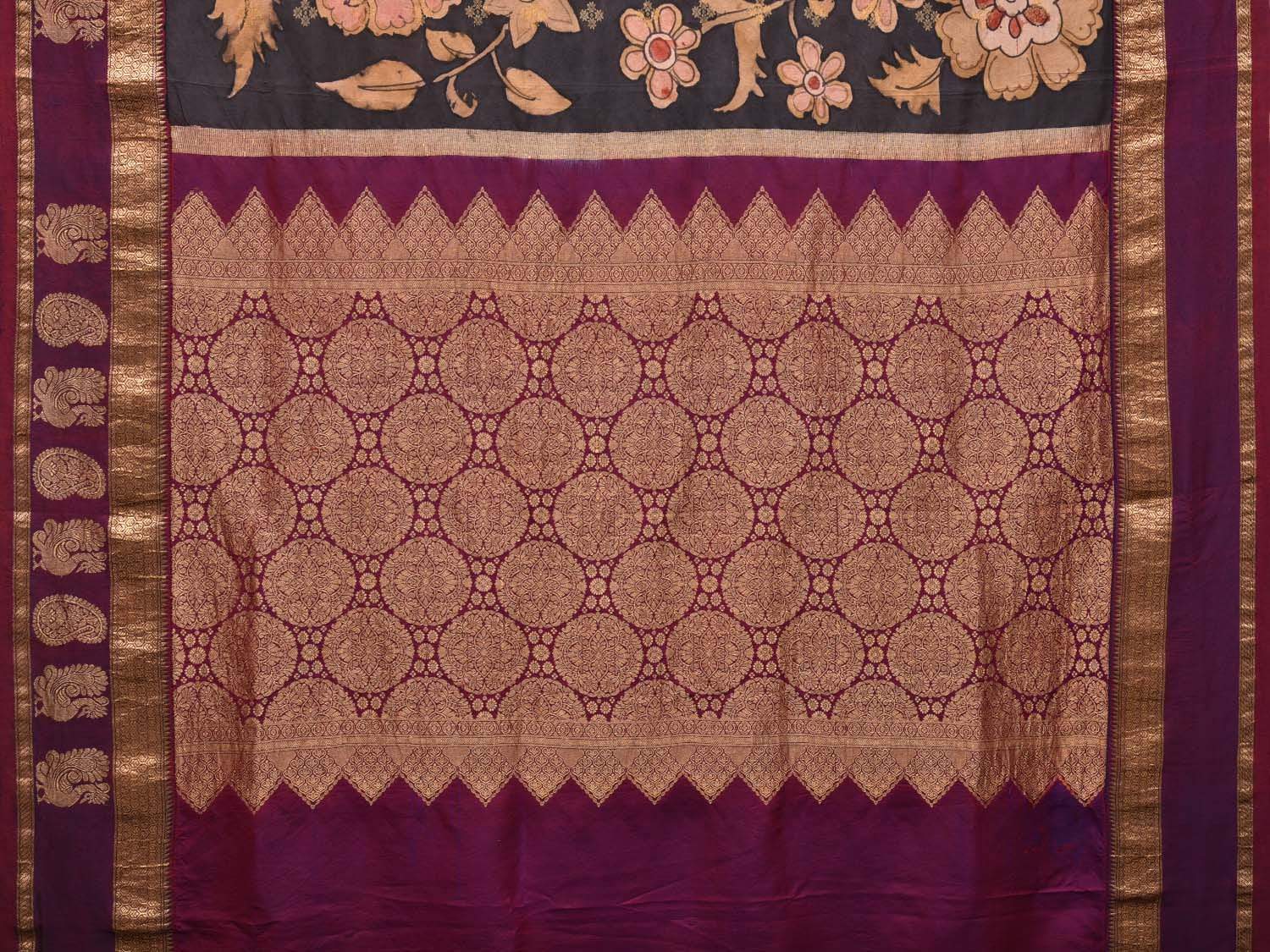 Black and Purple Kalamkari Hand Painted Gadwal Silk Handloom Saree with Big Floral Design KL0421