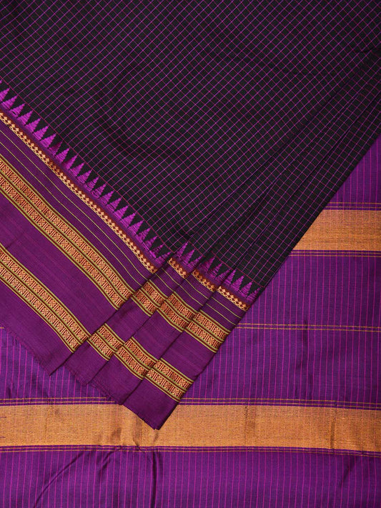 Black and Purple Narayanpet Silk Handloom Saree with Checks Design No Blouse np1055