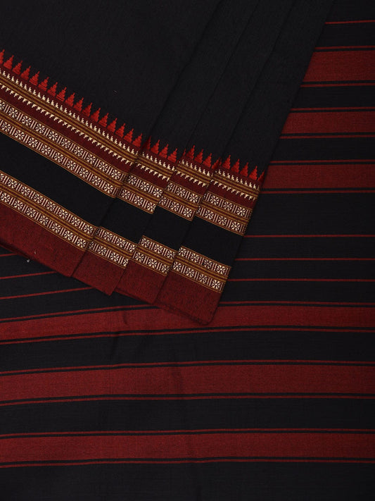 Black and Red Bamboo Cotton Plain Saree with Strips Pallu Design No Blouse bc0841