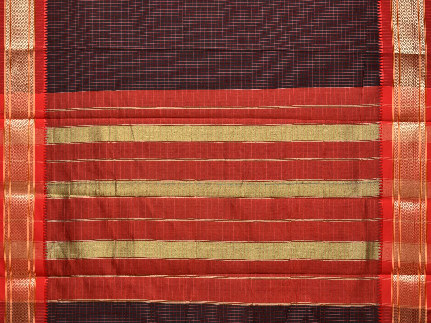Black and Red Bamboo Cotton Saree with Checks Design No Blouse bc0158