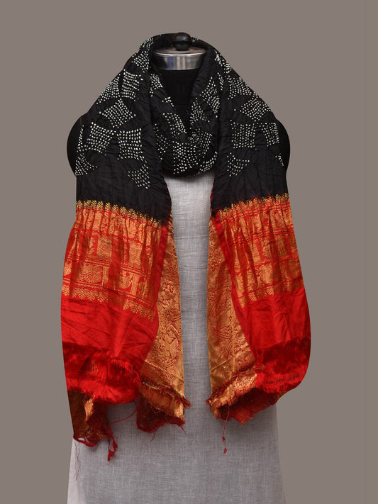 Black and Red Bandhani Kanchipuram Silk Handloom Dupatta with Border Design ds2963