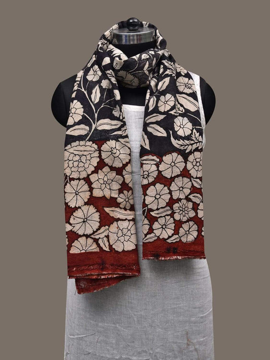 Black and Red Kalamkari Hand Painted Cotton Handloom Dupatta with Floral Design ds2467