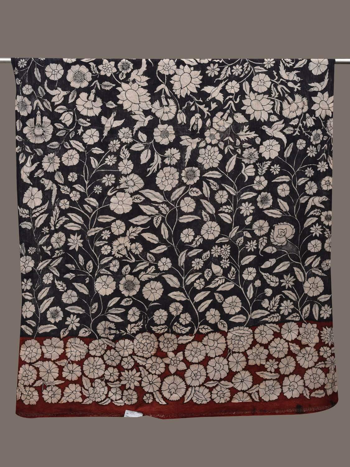Black and Red Kalamkari Hand Painted Cotton Handloom Dupatta with Floral Design ds2467