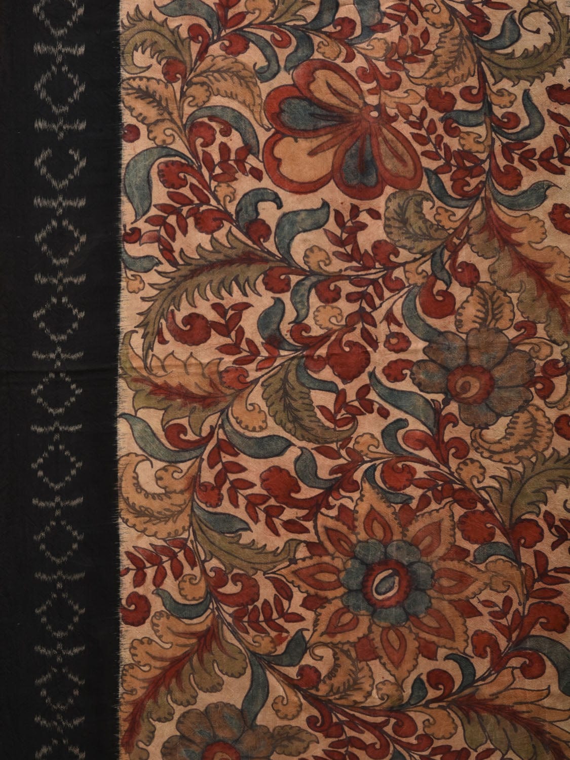 Black and Red Kalamkari Hand Painted Ikat Silk Handloom Saree with Floral and Strips Design KL0643