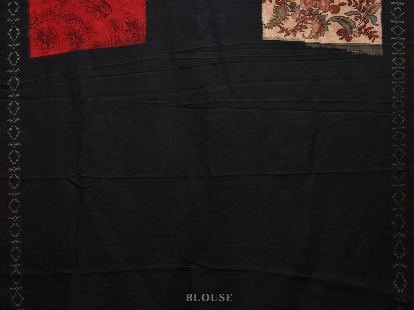 Black and Red Kalamkari Hand Painted Ikat Silk Handloom Saree with Floral and Strips Design KL0643