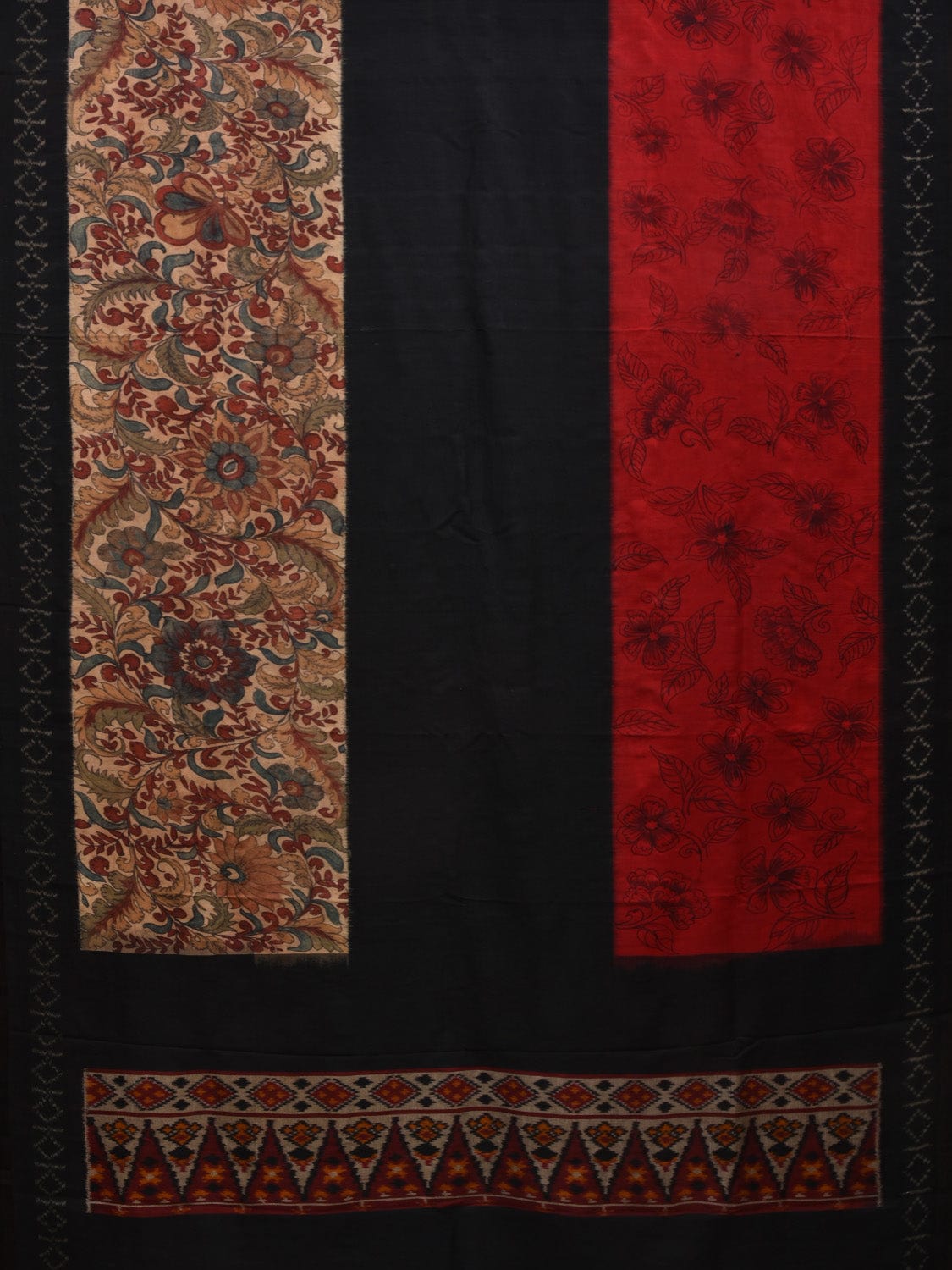 Black and Red Kalamkari Hand Painted Ikat Silk Handloom Saree with Floral and Strips Design KL0643