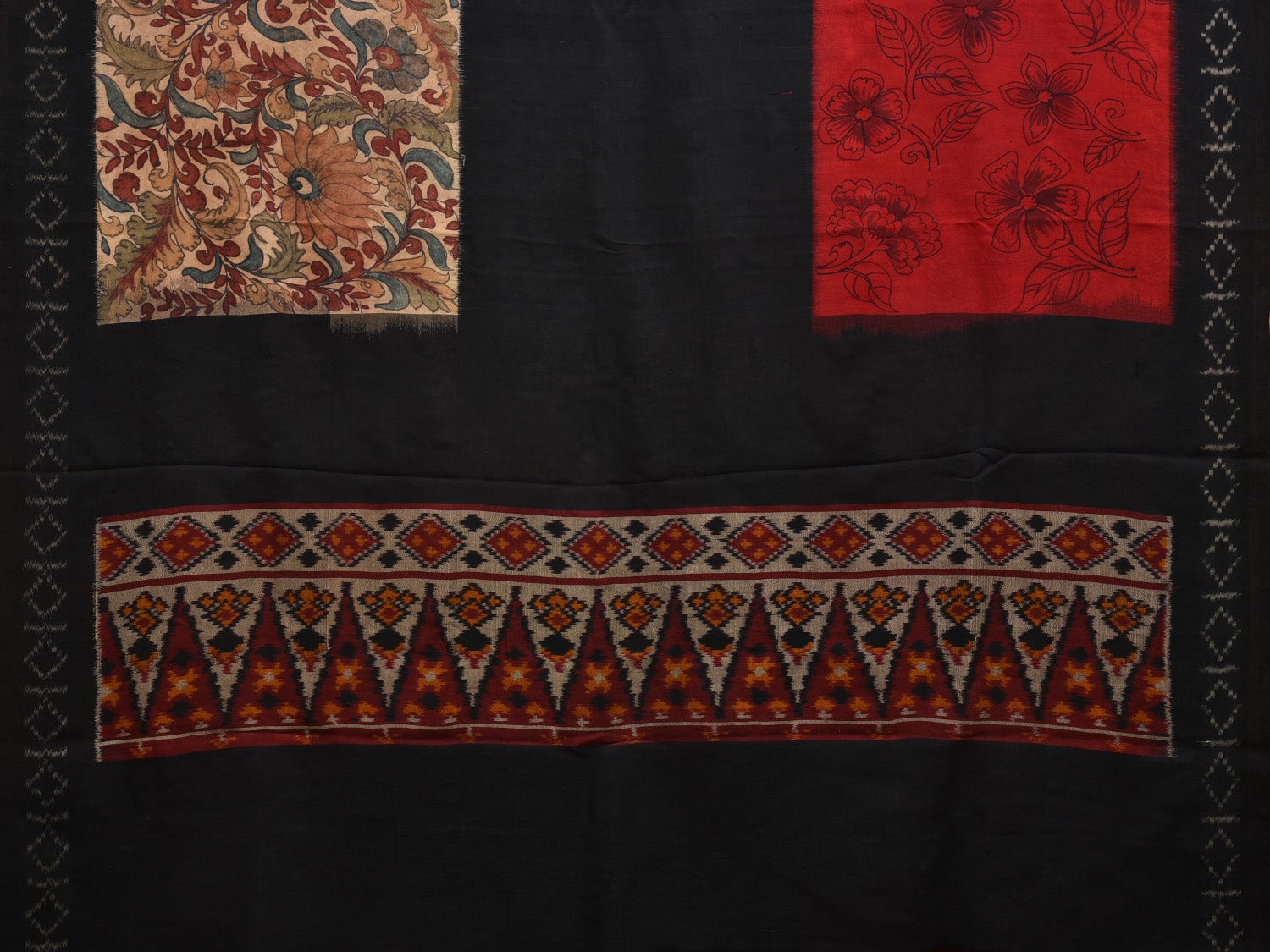 Black and Red Kalamkari Hand Painted Ikat Silk Handloom Saree with Floral and Strips Design KL0643