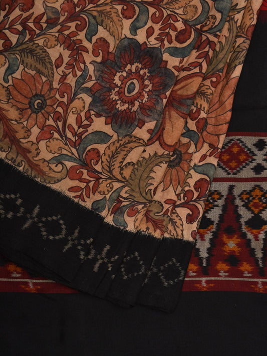 Black and Red Kalamkari Hand Painted Ikat Silk Handloom Saree with Floral and Strips Design KL0643